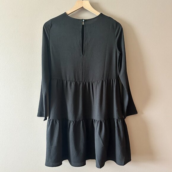 Women's 4 ASOS Design Long Sleeve Tiered Smock Mini Black Dress Tiered Design - Picture 3 of 7
